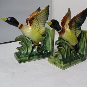 Pair of Vintage Porcelain Ceramic Duck Geese Mallards Birds Bookends Set Ucago